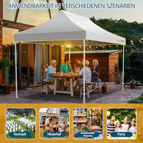 Image of Hoteel Gazebo, 3 x 4.5 cm, Waterproof, Stable, Winterproof, Reinforced Folding Gazebo with Hexagonal Tube Frame, Anti-UV Party Tent, Foldable Garden Gazebo for Markets, Carry Bag with Wheels, 4 Sand