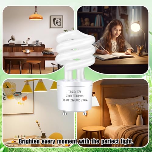 Image of GU24 13Watt 2700K 900lm CFL Light Bulbs, T3 Spiral Gu24 Base 2 Prong (60W Equivalent) Soft White Compact Fluorescent Light Bulbs, UL Approved, 120v 60Hz, Self Ballasted, Indoor Use (2 Pack)