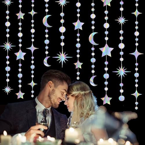 image for KTBANBANNEY 4 Pack Multi Iridescent Party Garland Star&Moon Holographi