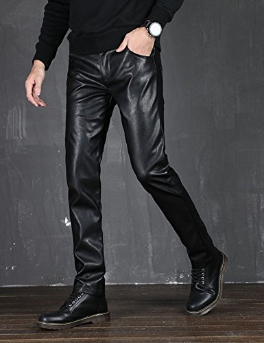 Men`s PU Slim Fit Five Pockets Washed Motorcycle Faux Leather Pants Jeans2