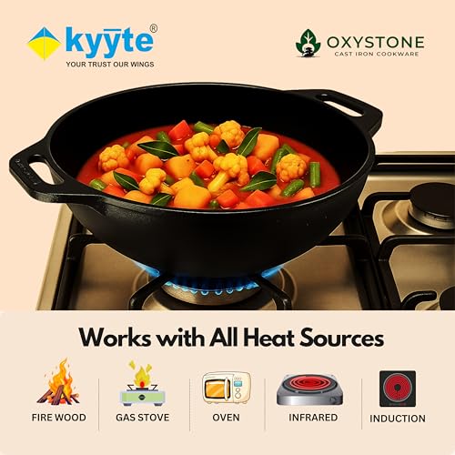 Image of kyyte OxyStone Pre-Seasoned Cast Iron Kadhai with 2 Loop Handle 26 cm Dia,3 Liter Capacity,Naturally Nonstick Cast Iron Kadai, 100% Pure and Toxin-Free,No Chemical Coating,Gas,Induction,OTG Friendly.