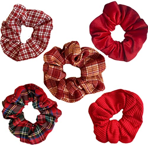 KYM NOVA Real Scrunchies for Hair, No Damage Hair Ties, Ponytail Holder Scrunchies, Assorted Scrunches Thick Hair Bands Red 5 pack