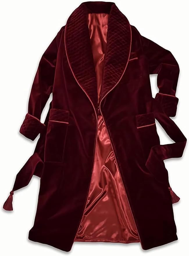 Men's Long Maroon Smoking Jacket Velvet Dressing Gown Coat Robes Quilted Evening Robes Coat2