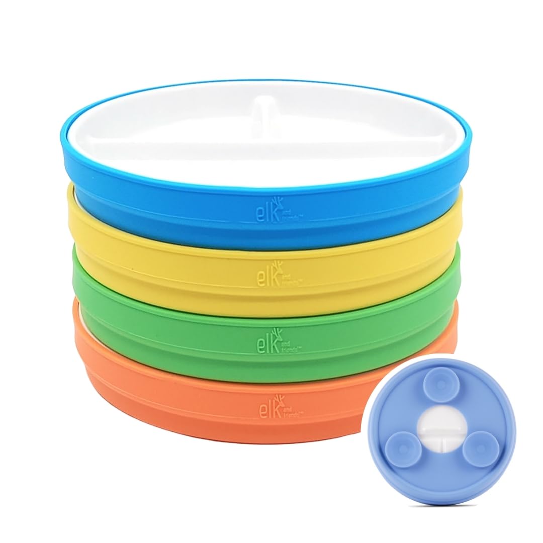 Elk and Friends Kids 6.7” Porcelain White Divided Plates with Silicone Suction Sleeves, Green/Orange/Yellow/Blue