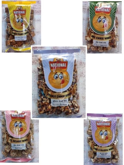 NATIONAL-A Smiley Crush Peanut Minis, Peanut Chikki ,Mix Chikki, Til Sesame Minis Chikki, Sing & Rajgira Chikki | Preservatives and Colours | Gajak | Sweets | Gazak ( Pack Of 25 ) (5 Pc each flavours) 200 Gram Each Pack
