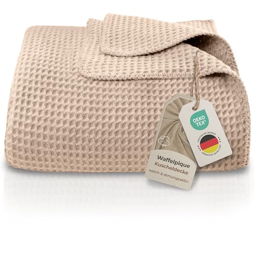 LAYNENBURG Premium Waffelpique Baumwolldecke 150x200 cm - Oeko-TEX 100 - Baumwollmix Kuscheldecke - Decke als Wohndecke, Sofa-Decke & Couchdecke - Wolldecke kuschelig-warm aus Baumwolle (beige)
