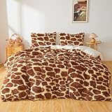 XeGe Fluffy Faux Fur Giraffe Print Duvet Cover Set, 1 Plush Fuzzy Soft Giraffe Comforter Cover and 2 Furry Pillowcases, Home Decor Cozy Bedroom Shaggy Bedding Set with Zipper Kids Adults, Brown, Queen