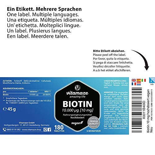 Biotin 10000 mcg hochdosiert vegan, 10 mg reines Biotin (Vitamin B7), für Haarwuchs & Haut, 180 Tabletten für 6 Monate, Natürliche Nahrungsergänzung ohne Zusatzstoffe, Made in Germany