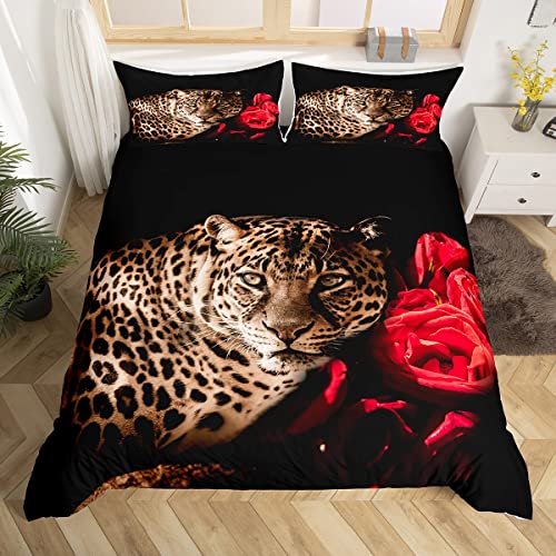 Feelyou Leopard Duvet Cover Set Queen Size 3D Animal Print Bedding Set Wildlife Comforter Cover Gorgeous Red Rose Floral Bedspread Cover With 2 Pillow Shams Microfiber Quilt Cover Breathable #TOP1