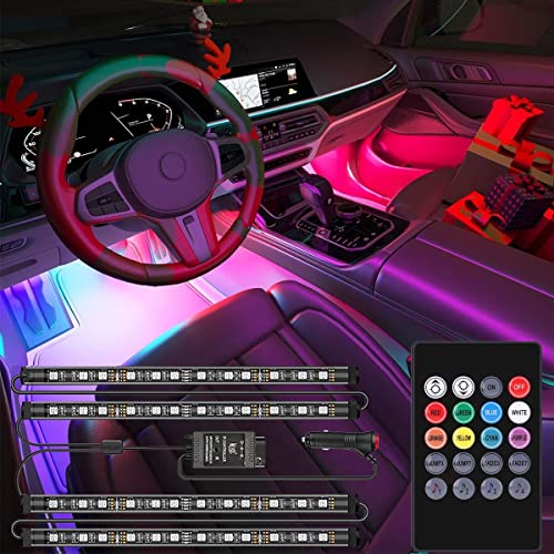 Interior Car Lights, 8 RGB Colors, Car Led Lights Interior 4 Pcs 48 Led Strip Light for Car with Wireless Remote, Multi DIY Color Music Sync Under Dash Car Lighting with Car Charger (RGB)