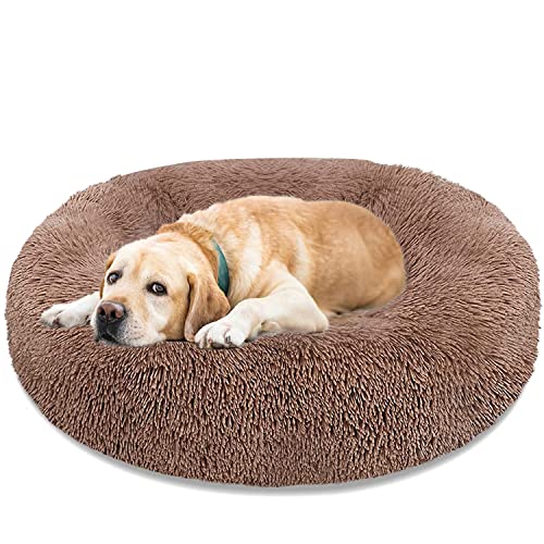 Uneam Dog Bed & Cat Bed, Calming Anti-Anxiety Donut Dog Cuddler Bed, Machine Washable Round Pet Bed, Comfy Faux Fur Plush Dog Cat Bed For Small Medium Large Dogs And Cats (30" X 30", Light Brown) #TOP4