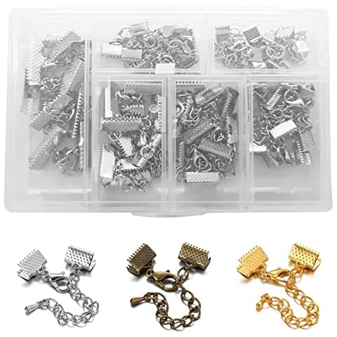 30 Pairs Ribbon Crimps Cord Clamp Ends with Lobster Clasp and Extender Chain, Assorted Size Bracelet Bookmark Caps Leather Pinch Crimps Fasteners Clasps Come with Box (Silver) Cover