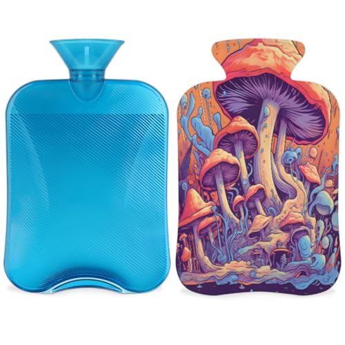 Hot Water Bottle with Soft Cover,2L Mystical Mushrooms Hot Water Bag for Hot and Cold Compress, Hand Feet Warmer, Forest Mushrooms Rubber Hot or Cold Water Bottle Halloween Christmas Decorations