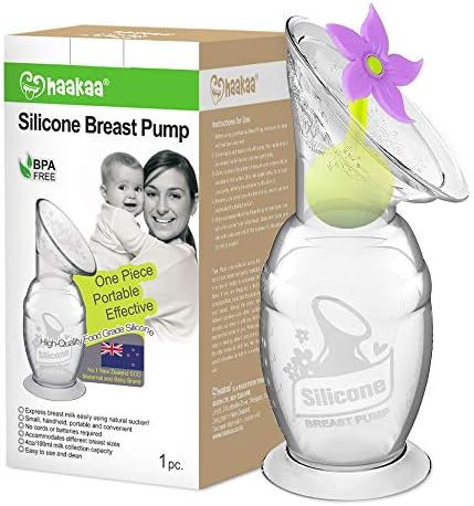haakaa Manual Breast Pump Silicone Breastpump Milk Pump for Breastfeeding with Suction Base and Flower Stopper 100% Food Grade Silicone BPA Free (4oz/100ml) (Purple)