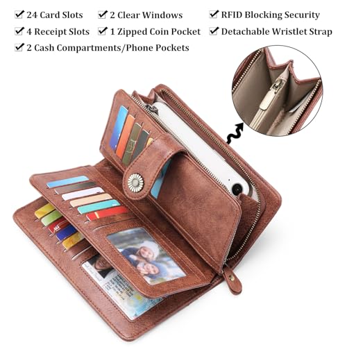 Women Genuine Leather Wallet with 24 Card Slots and RFID Blocking Card Holder Double Zipper Pocket Leather Wallet Large (Brown)3