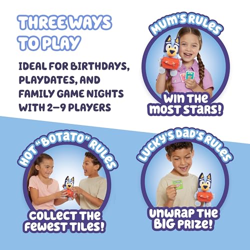 Image of Bluey Pass the Parcel Musical Game, Soft 8 inch (20cm) Plush, Game for Kids | Huggable fun family game, children's party game or preschool game, three interactive kids games to play, including hot botato