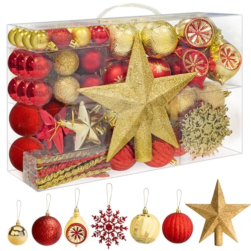 SA Products 108 Pieces Christmas Tree Baubles Set - Assorted Gold & Red Decorations - Shatterproof Hanging Ornaments for Xmas Trees, Wreath, Garland - Balls, Stars, Snowflakes, Icicles Decor