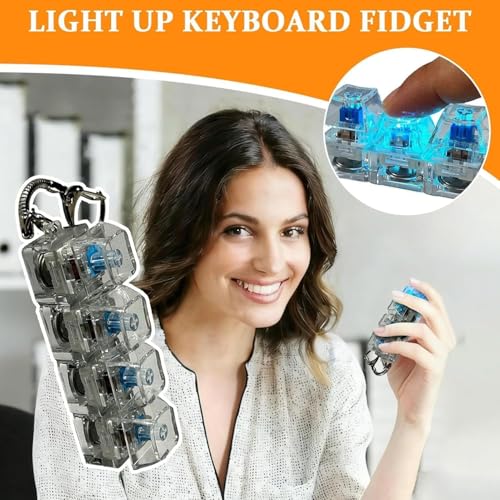 Image of Keyboard Fidget Toys for Adults, Transparent Keyboard Clicker with LED Light, Keychain Fidget Sensory Fun Toys for Anxiety Decompression for Office, Collage (1)