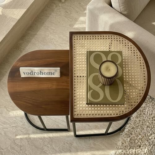Image of Charcoal Rattan Cane Side Table with Glass top - Bohemian Solid Mango Wood Cane Iron Sofa Side end Table - Wood and Cane Nesting Table S#047 (Honey)