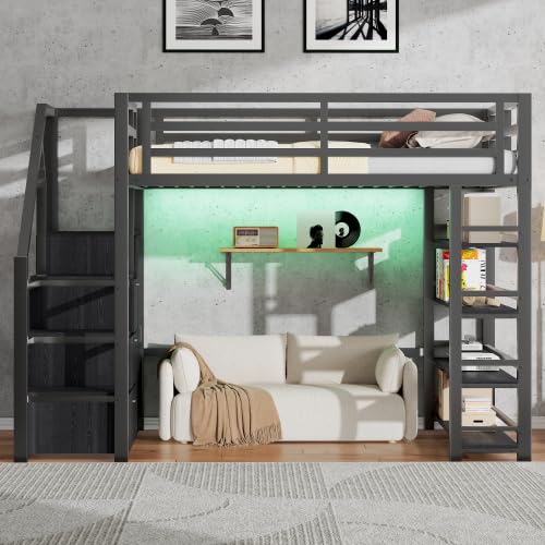 Merax Litera de 140 x 200 cm, cama alta de metal con estantes, armarios, armario, iluminación LED y escalera de almacenamiento, color negro