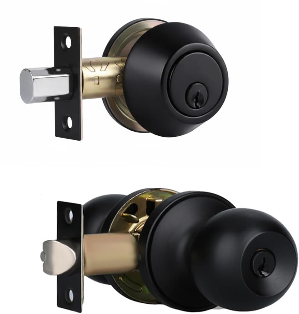Front Door Lock Set Exterior Door Lock Set with Deadbolt, Single Cylinder Deadbolt Lock and Door Knob Set, Keyed Alike,Matte Black Door Knob and Deadbolt Set(1Pack Set)