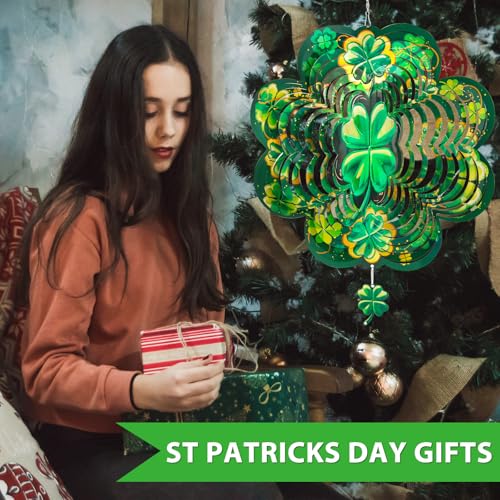 Image of St. Patrick's Day Wind Spinner, St Patricks Day Decorations Gifts for Women, 3D Shamrock Hanging Wind Spinners for Outdoor & Indoor Decor, 12 Inch Metal Wind Spinner for Garden Yard Home Ornament