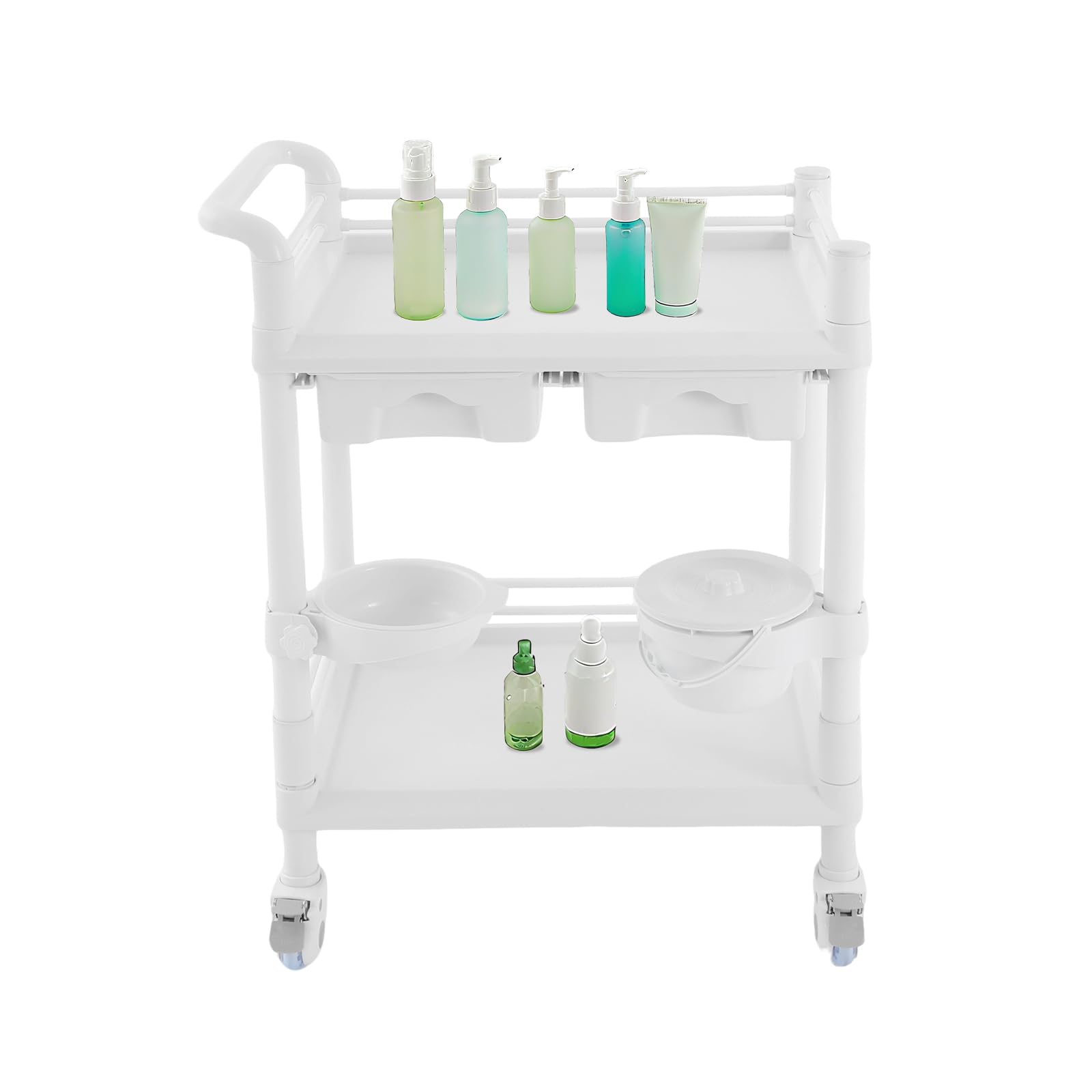 OUKANING Carrello medico con 2 cassetti e ruote dei freni, carrello da laboratorio arrotolabile in ABS, portata 90 kg, 64,5 x 44,5 x 90 cm, bianco multifunzionale per ospedale, studio cosmetico e