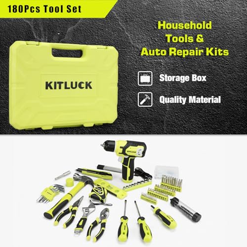 Image of KITLUCK Power Drill Set, 180Pcs Home Hand Tool Kit with 8V Drill, Portable Tool box Kit with Screwdriver, Plier, Wrench, Socket, Harmer, Household Cordless Drill Set for Men Women Home
