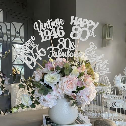 Image of 15 PCS 80th Birthday Centerpiece Sticks Glitter Eighty Happy 80 Vintage 1946 Table Flower Centerpieces Sticks Cheers to 80 Fabulous Floral Decorations for 80th Birthday Party Supplies Silver