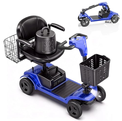 Image of Mobility Scooter,Removable Battery,Suitable for All Terrains-Blue | 28 Miles Travel,300 lbs Capacity,Quick-Assembly, Features Rotating Seat,300W Motor,Dual Baskets and Rear Tail Lights