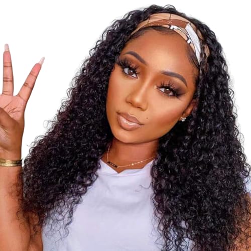 WENYAN Headband Wig Human Hair Deep Wave 16 Inch Wigs for Black Women Glueless Curly Wave None Lace Front Wig Machine Made Wigs 150% Density Natural Color