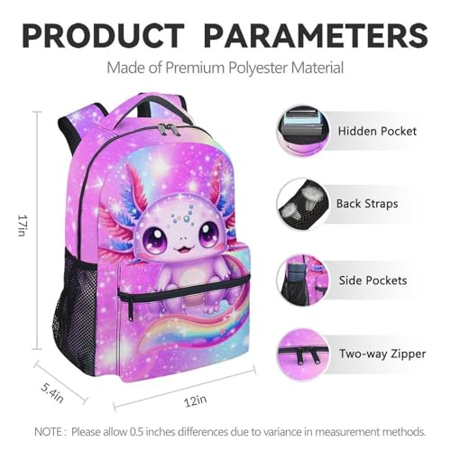 Axolotl Backpack for Girls, 17 Inch Kids Backpacks for Preschool, Cute Pink Large Capacity Toddler Bookbag for Kindergarten4