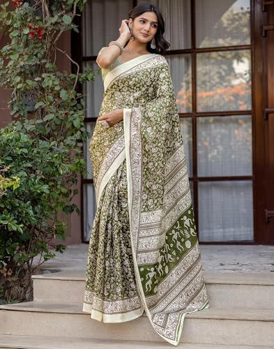 Image of SIRIL Women's Cotton Printed Saree with Unstitched Blouse Piece