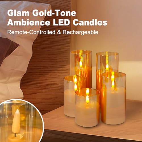 Image of LEDHOLYT Rechargeable Flameless Candles, Realistic Flickering LED Flameless Candles Real Wax Candle with Remote Control and Timer, Gold Glass Electronic Candle, 1 Set of 5(Gold)
