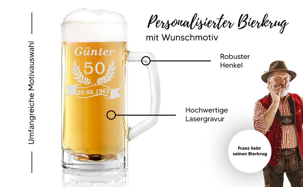 Boccale da birra classico da 0,5 litri con incisione per uomo - boccale da birra personalizzato con nome - regalo per papà, amici e colleghi - Italia