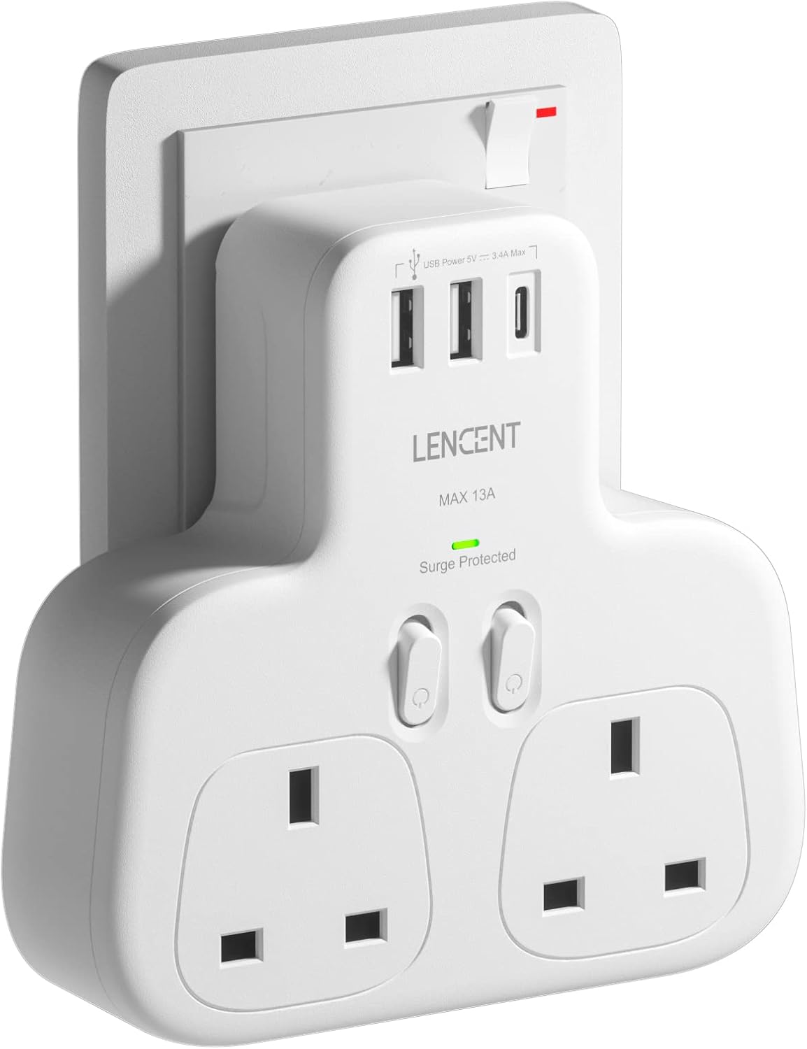 Double Plug Adaptor with 1 USB C and 2 USB Ports, Surge Protected Multi