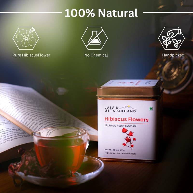 Image of Jaivik Uttarakhand - Hibiscus Tea (113.4 g), Decaffeinated Herbal Relief, Used for Hot or Iced, Tangy Flavor, Herbal Tisane, Pack of 2 Tin Box