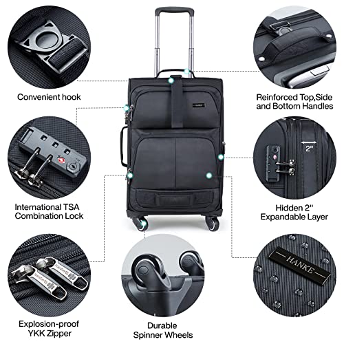 Hanke Multi-Function 24" Softside Expandable Checked In Suitcase With Spinner Wheels, Lightweight Upright Luggage With Tsa Lock,Rolling Travel Luggage For Woman & Men, 24-Inch(Black) #TOP2