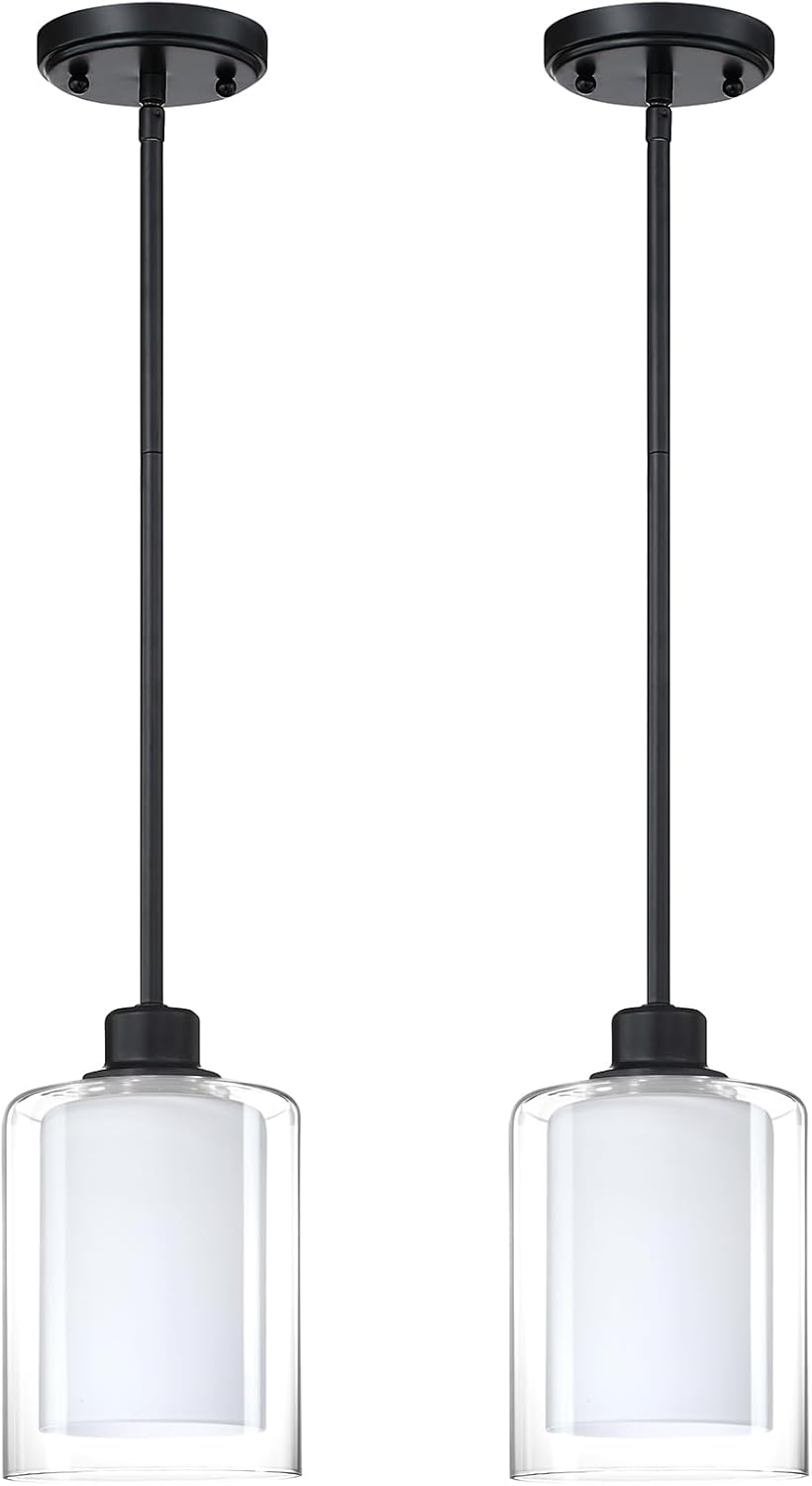 2 Pack 1 Light Indoor Hanging Kitchen Island Pendant Light 5" Clear Frosted Glass Chandelier Shade Fixture,Black Finish for Bar,Dining Room Over Sink