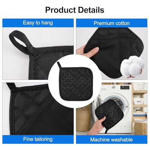 2 Stück Topflappen mit Tasche, 17,5 cm Hitzebeständige topfhandschuhe, Waschbar Topflappen Baumwolle mit Tasche, Hitzebeständige Anti-Rutsch Ofenhandschuhe zum Kochen, Backen und Grillen Schwarz