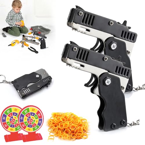 Mini Gummibandpistole Aus Metall,Spielzeug Pistole Kinder,Gummibandpistole Spielzeug,Faltbare Handgefertigte Spielzeugpistole,Klappbare Gummiband Pistolen Spielzeuge+gummibandm (2, Schwarz)