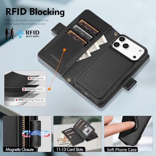 Antsturdy Compatible with Magsafe Magnetic 2 in 1 Detachable iPhone 17 Pro Wallet Case with Credit Card Holder Slots,PU Leather RFID Blocking Phone Cover Wrist Strap Zipper Women Men,Black by Antsturdy - Image 3