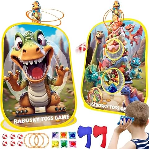 4-in-1 Dinosaur Toss Game for Kids 3-5 4-8 Axe Throwing Ring Toss Bean Bag Cornhole Game Set, Indoor Outdoor Backyard Toddlers Toys Gifts for Boys Birthday Party Activities Valentine Easter Christmas Cover