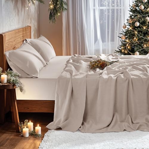 Image of 100% Pure Linen Sheet Set for Hot Sleepers, Breathable Natural Linen Sheets 4pcs, Bedding Set Deep Pocket Up to 16 inch Moisture-Wicking, Softens with Every Wash (Linen Full)