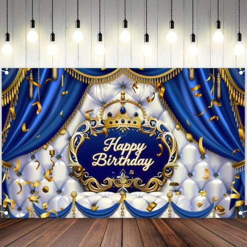 Image of BlissYard Prince Birthday Party Backdrop 70 X 43 Inch Royal Blue And Gold Birthday Banner for Boys King Theme Party Decoration Backdrop Royal Little Prince Happy Birthday Party Banner Photoshoot