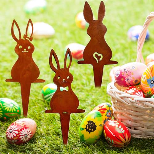 ZILZUFA Garten Deko, Gartendekoration für draußen wetterfest Set, 3 Metall Osterhasen als Rostige Gartendeko Optik, Gartenstecker Frühlingshafte Außendekoration, Gartendeko Für Draußen