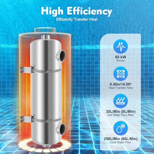 Macahimia Heat Exchanger, 300 Kbtu Heat Exchanger for Swimming Pool, 19.09x5.5in Stainless Steel 1 1/2“FPT Same Side Ports Shell&Tube Heat Exchanger, 4 Threaded Connections Ports, Rustproof