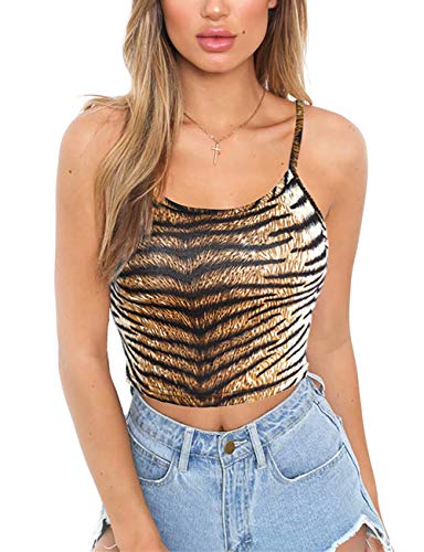 Queen.M Sexy Chic Leopard Snake Skin Adjustable Spaghetti Strap Camisole Crop Tank Tops Cami Tops for Ladies Women Teen Girls (Tiger, M)