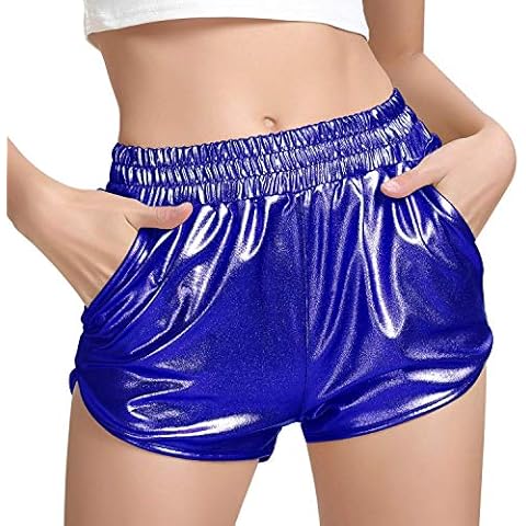 MAKARTHY Women's Metallic Shorts Elastic Waist Shiny Sparkly Rave Pants, Blue, Large Cover
