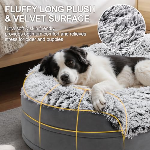Gimars 9,5 cm Dickes L Orthopädisches Hundebett für Sehr Grosse Hunde, Stützendes Hundesofa mit 28D Eierkarton-Schaum, Abnehmbarer Waschbar Plüschbezug, wasserdichte Innenhülle, Halbrund